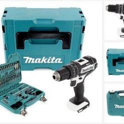 Makita Schlagbohrmaschine »Makita DHP 482 ZJ W Akku Schlagbohrschrauber 18V 62Nm im Makpac - ohne Akku, ohne Ladegerät + 100 tlg Bit & Bohrer Set«