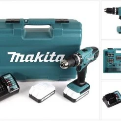 Makita Schlagbohrmaschine »Makita HP 457 DWE 18 V Akku Schlagbohrschrauber + 2 x 1,3 Ah Akku + Ladegerät + 74 tlg. Zubehör Set im Werkzeugkoffer«