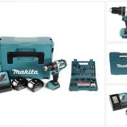Makita Schlagbohrmaschine »Makita DHP 484 RTJ 18V Brushless Li-Ion Akku Schlagbohrschrauber im Makpac inkl. 2x 5,0 Ah Akku und Ladegerät + Makita B-53811 Bit & Bohrer-Set 100-teilig«