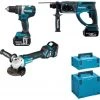 Makita Elektrowerkzeug-Set, Komplett-Set, 3-tlg., Set bestehend aus Schlagbohrhammer, Winkelschleifer, Bohrhammer, Ladegerät, 3 x 18V Akkus, Transportkoffern und weiterem Zubehör -Makit Werkzeug Verkaufe db14e0cb e69f 51de a08a 971c1b94a4df