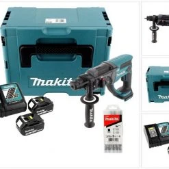 Makita Schlagbohrmaschine »Makita DHR 202 RTJ 18 V Akku Kombihammer SDS-Plus im Makpac + 2x 5,0 Ah Akku + Ladegerät + 5 tlg. Hartmetall Bohrer Set für Mauerwerk und Beton«
